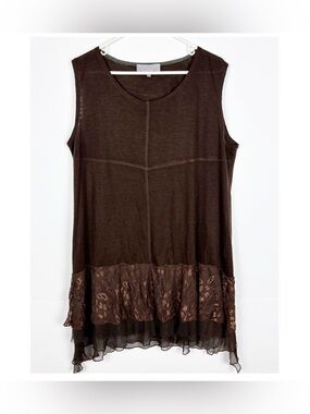 Pretty Angel Tunic Dress Brown Lace Hem linen Blend XL Lagenlook Cottagecore
